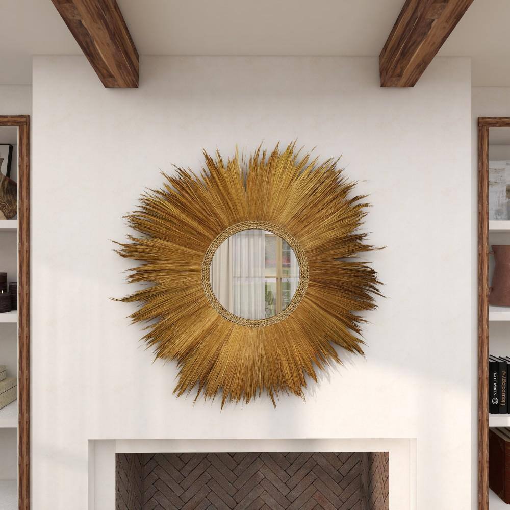 Golden Sunburst Round Decorative Wall Mirror with Grass Trim