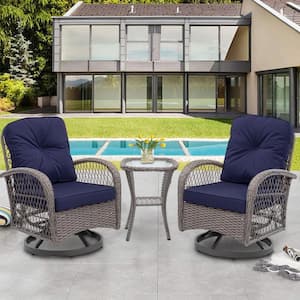 3-Piece Wicker Outdoor Bistro Swivel Chairs Set Patio Bistro Set with 360° Swivel Rocking Chairs and Table, Navy Cushion