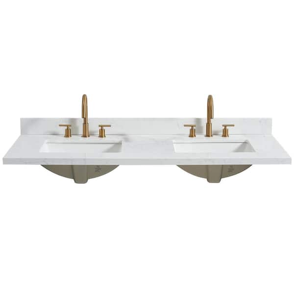 ROSWELL Jaen 61 in. W x 22 in. D Engineered Stone Composite White Rectangular Double Sink Vanity Top in Grain White