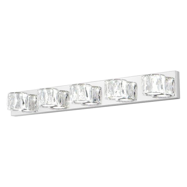 Modern 35 in. 5-Light Chrome LED Vanity Light Wall Sconce with Clear Crystal Shades