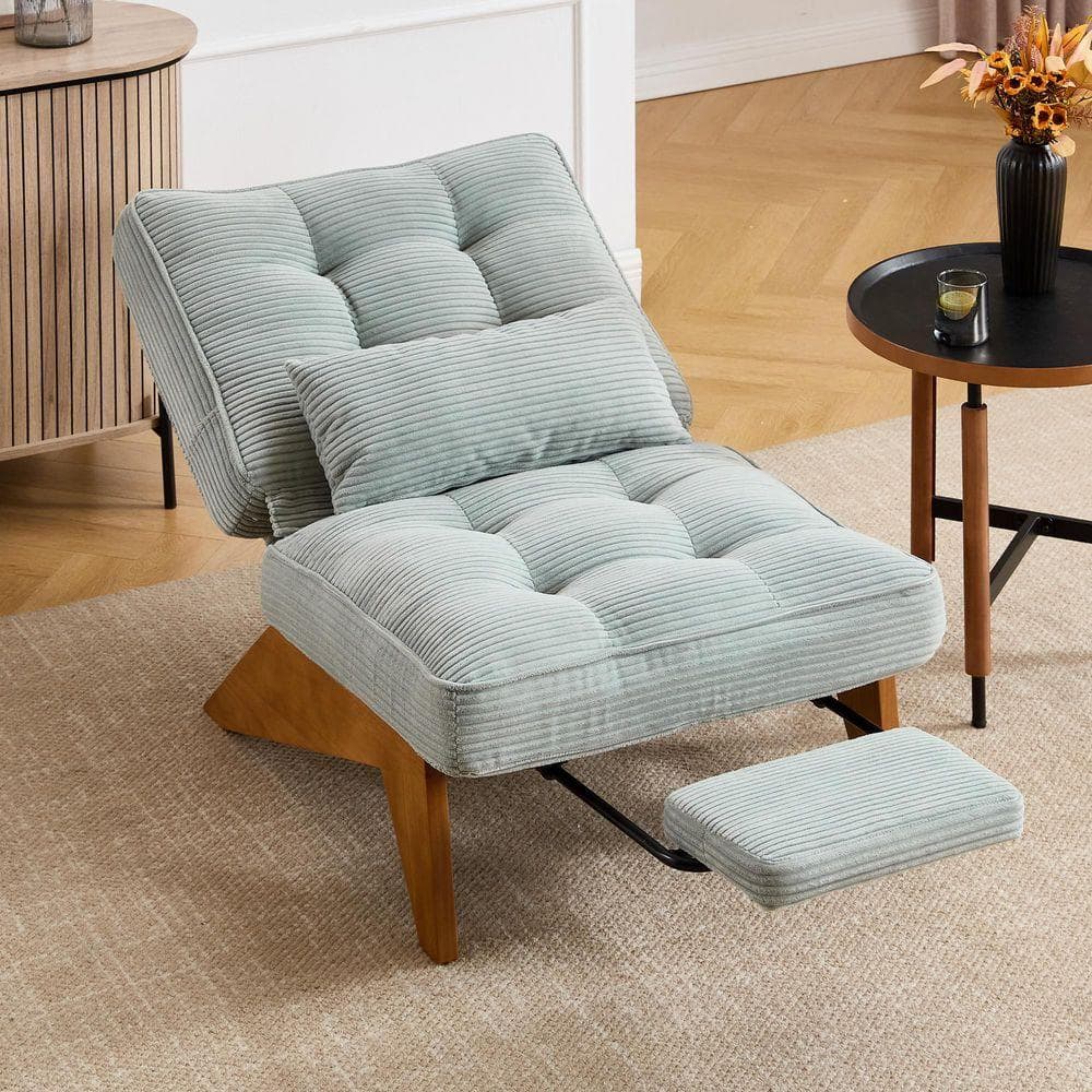 Modern Mint Green Corduroy Upholstered Lounge Armchair Accent Chair with Adjustable Backrest and Retractable Footrest