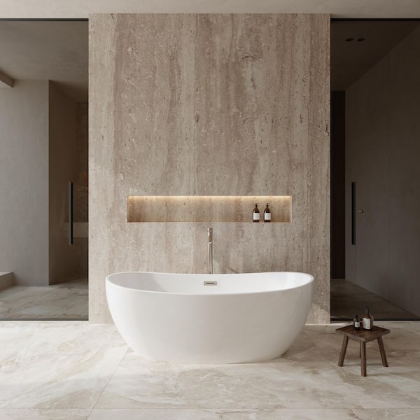 Wyndham Collection Rebecca 64.8 in. Acrylic Flatbottom Non-Whirlpool Bathtub in White with Brushed Nickel Trim and Faucet