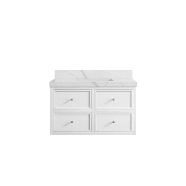 Willow Collections Roswell Floating 36 in. Single Sink Freestanding White Bath Vanity with Calacatta Laza Qt. Top Unassembled