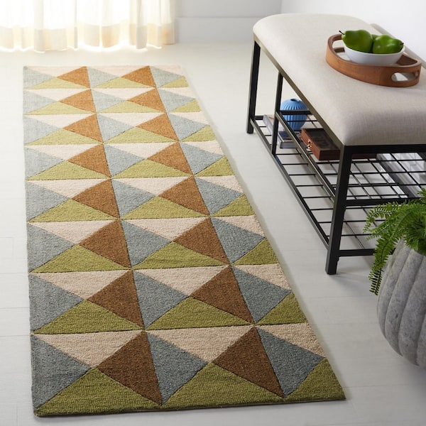 Genre 2 ft. x 8 ft. Beige/Green Square Geometric Runner Rug