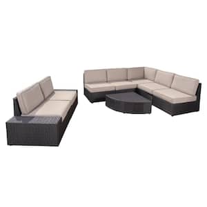 Dark Brown 8-Piece Wicker Outdoor Patio Sectional and Table Set with Beige Cushions