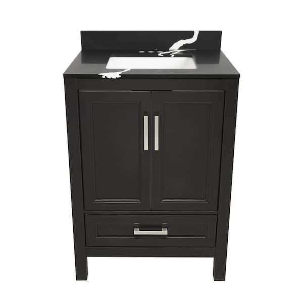 Ella Nevado 25 in. W x 19 in. D x 36 in. H Bathroom Vanity in Brown with Calacatta Black Quartz Stone Vanity Sink Top
