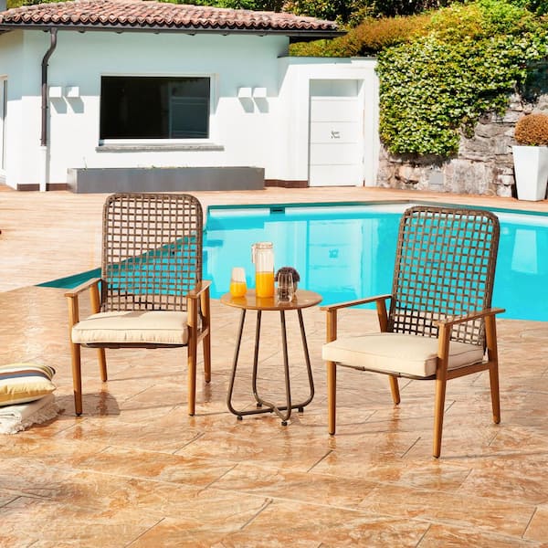 3-Piece Wicker Patio Conversation Set with Beige Cushions