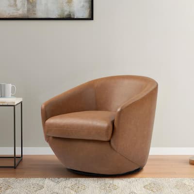 Brown PU Leather Swivel Accent Arm Chair with Metal Base(Set of 1)