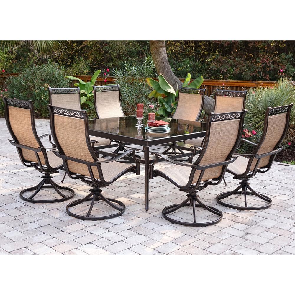 Hanover Monaco 9-Piece Aluminum Outdoor Dining Set with Square Glass ...