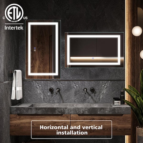 EAKYHOM 40 in. W x 24 in. H Rectangular Frameless Anti-Fog LED Horizontal and Vertical Wall Bathroom Vanity Mirror Front Light