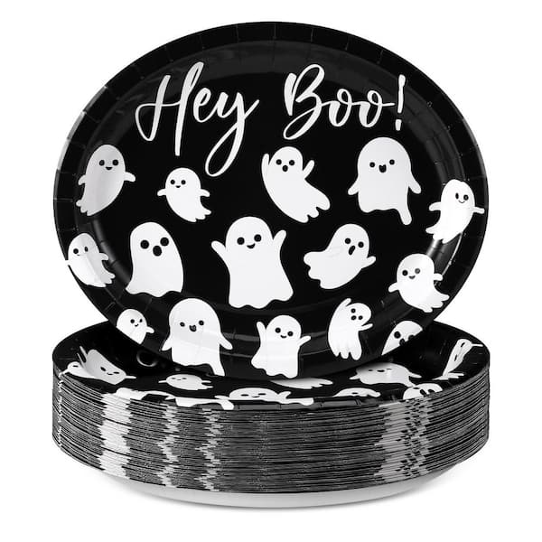 50-Pack 9 in. x 11 in. Oval Halloween Disposable Paper Plates with Hey Boo, White Ghost for Halloween Party