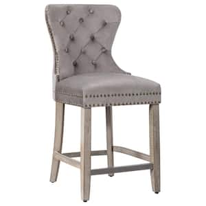 Harper 24 in. High Back Nail Head Trim Button Tufted Gray Velvet Counter Stool with Solid Wood Frame in Antique Gray