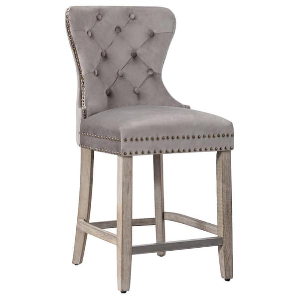 WESTINFURNITURE Harper 24 in. High Back Nail Head Trim Button Tufted Gray Velvet Counter Stool with Solid Wood Frame in Antique Gray