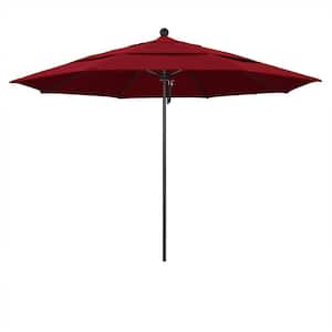 11 ft. Black Aluminum Commercial Market Patio Umbrella with Fiberglass Ribs and Pulley Lift in Red Olefin