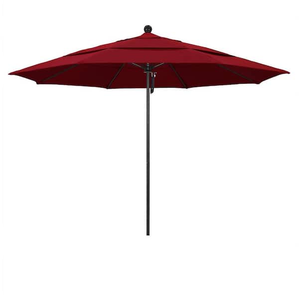 California Umbrella 11 ft. Black Aluminum Commercial Market Patio Umbrella with Fiberglass Ribs and Pulley Lift in Red Olefin