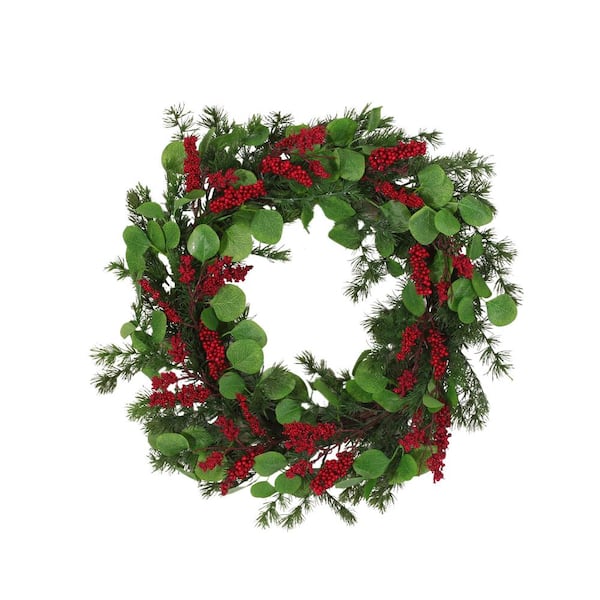 Noble House Nolta 25.5 in. Eucalyptus and Pine Artificial Christmas Wreath with Berries
