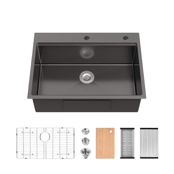 TMS 30 in. x 22 in. Drop-in/Undermount Single Bowl Black Stainless Steel Workstation Kitchen Sink with Accessories