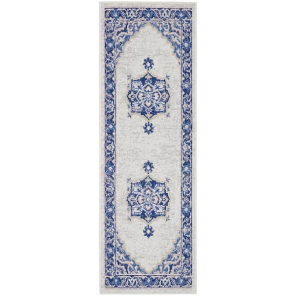 Nourison Whimsicle Ivory Blue 2 ft. x 8 ft. Center Medallion Traditional Runner Rug