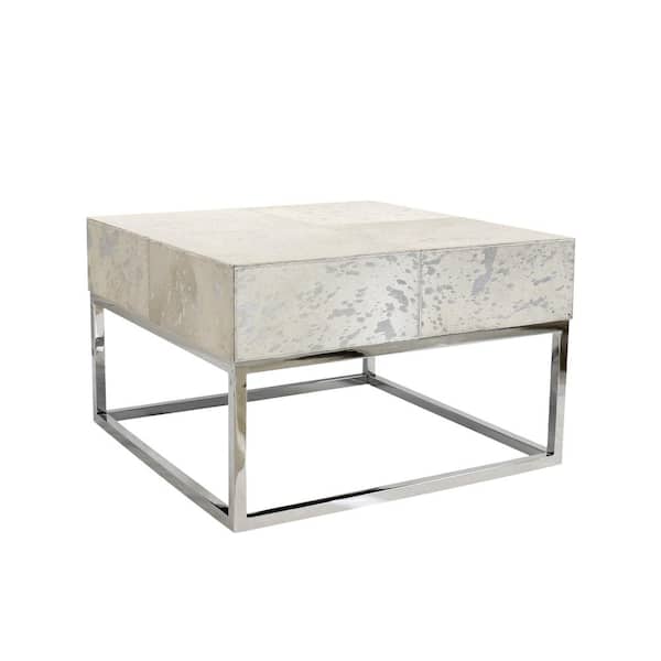Pasargad Home Safari 24 In. Silver 15 In. Square Cowhide Top Coffee Table with Steel Base 1 Piece