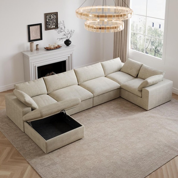 157.32 in. Square Arm Linen 7-Piece Free Combination Modular Sectional Sofa with Storage Ottomans in. Brown