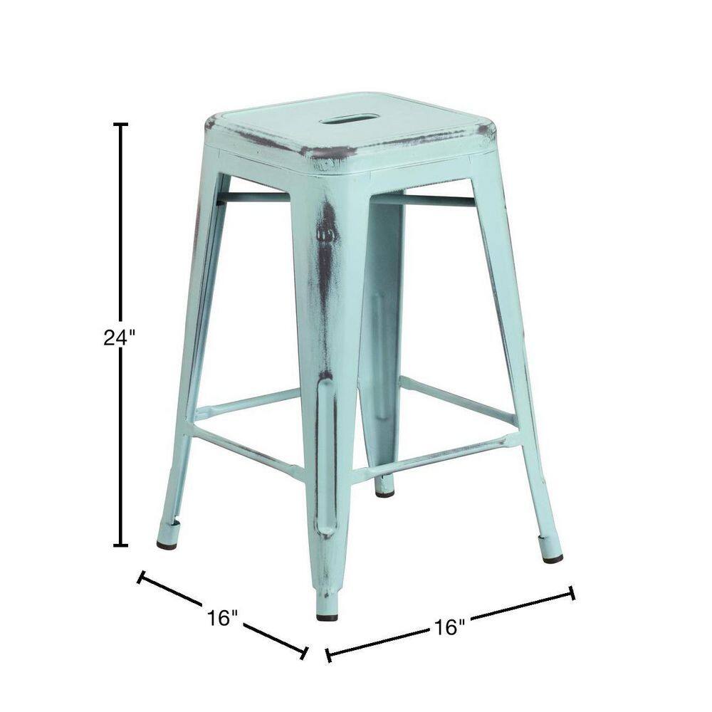 24" Distressed Green-Blue Metal Backless Counter Stool