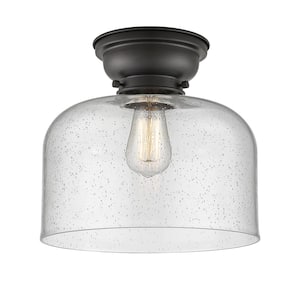 Bell 12 in. 1-Light Matte Black, Seedy Flush Mount with Seedy Glass Shade