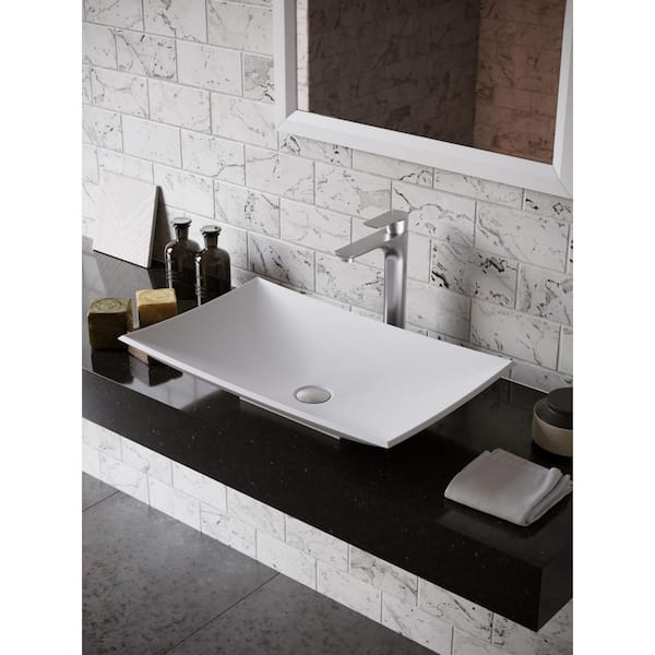 Karran Quattro QM170 Matte White Acrylic 25 in. Rectangular Bathroom Vessel Sink with Faucet and drain in Stainless Steel