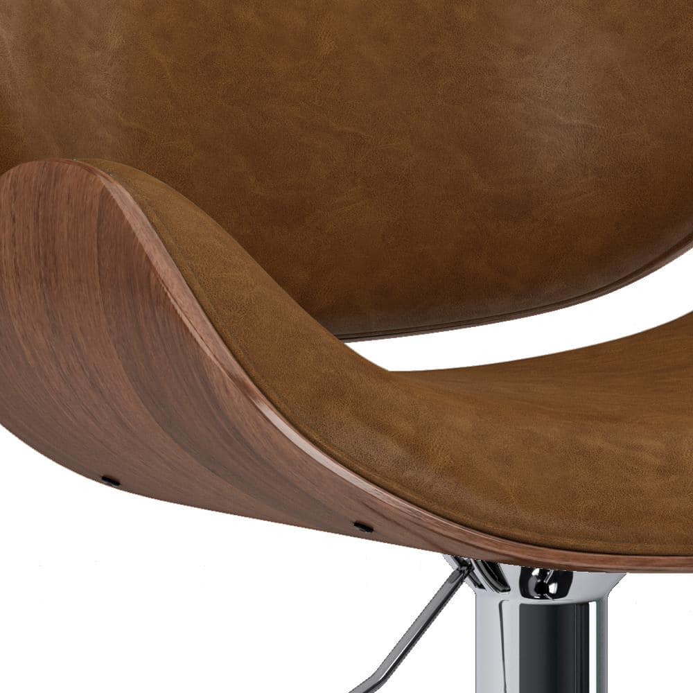 Deep Tan Vegan Faux Leather Adjustable Swivel Bar Stool with Natural Bentwood