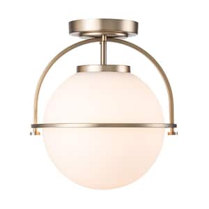 Globe 11.4 in.W 1-Light Antique Brass Modern Semi-Flush Mount with Opal Frosted Glass Shade and No Bulbs Included