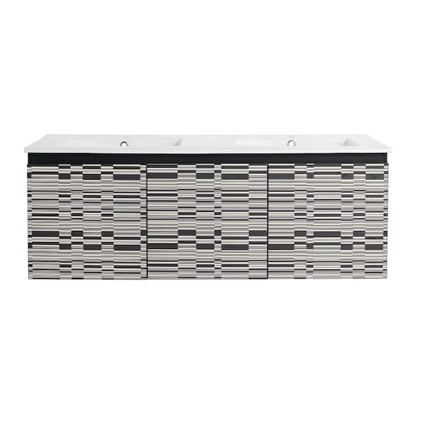 FUNKOL 18.3 in. W x 17.3 in. H x 47.6 in.D Black Floating Wall-Mounted Bath Vanity in Mosaic with 2 Sinks White Ceramic Top
