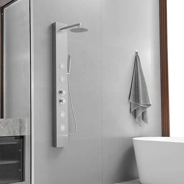 Dual 3-in-1 4-Jet Rainfall Shower Panel System with Rainfall Waterfall Shower Head and Shower Wand in Chrome Nickel