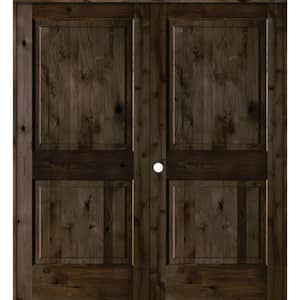 64 in. x 80 in. Rustic Knotty Alder 2-Panel Right-Handed Black Stain Wood Double Prehung Interior Door with Square Top