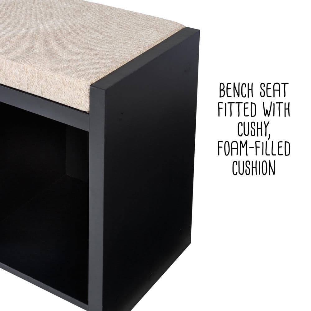 Modern Black Storage Bench with Tan Cushion and Cubby Shelves