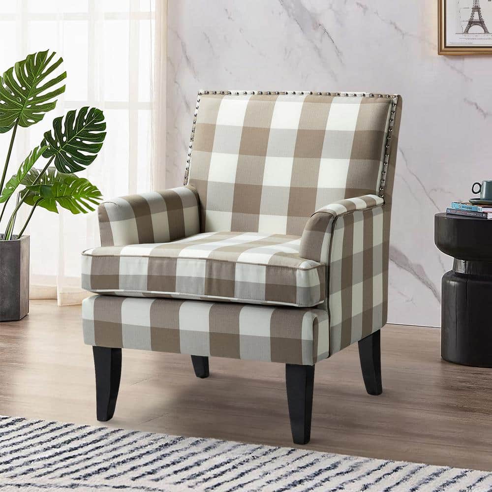 Plaid Beige Upholstered Accent Chair with Nailhead Trim