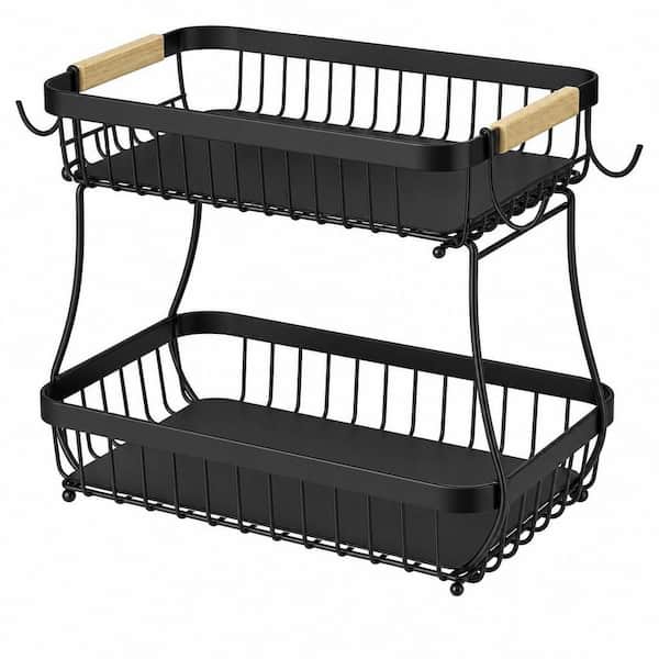 2 Tier Large Fruit Basket for Kitchen Counter with 2 Mobile Banana Hangers, Metal Fruit Bowl with Wooden Handle