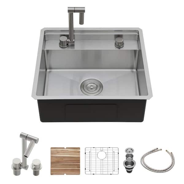LORDEAR 21 in. x 19 in. Single Bowl 16-Gauge Stainless Steel Undermount Workstation Kitchen Sink w/ Fold Faucet and Accessories