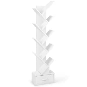 15 in. Wide White 10-Tier Tree Bookshelf with Drawer Free-Standing Bookcase Storage Shelf