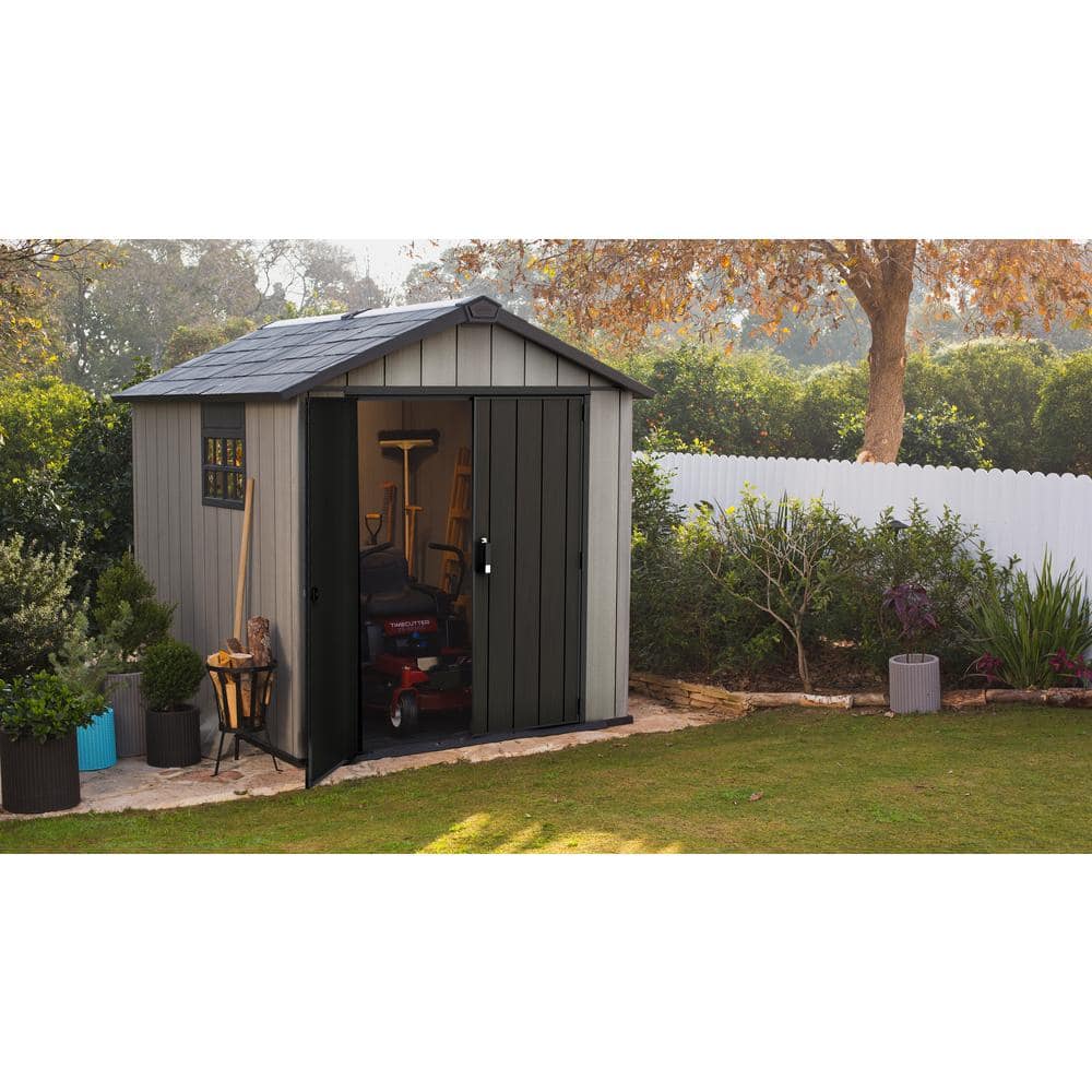 Gray Resin Outdoor Storage Shed with Double Doors and Skylight
