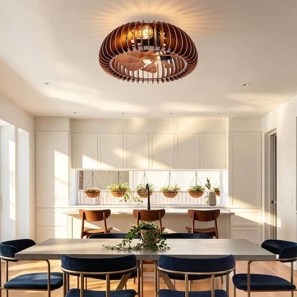 20 in Brown Wood Semicircle Standard Flush Mount Ceiling Fans with Remote Control,6 Speeds, Quiet DC Motor(No Bulbs)