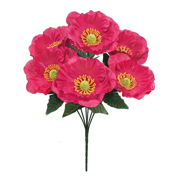 LIVING LUXURY 14 in. Hot Pink Artificial Poppy Flower Stem Bush Bouquet (Set of 12)
