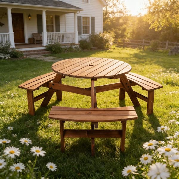 1-Piece Wood Outdoor Dining Set Picnic Table Camping Dining Table with 3 Built-in Benches and Umbrella Hole for 6 Person