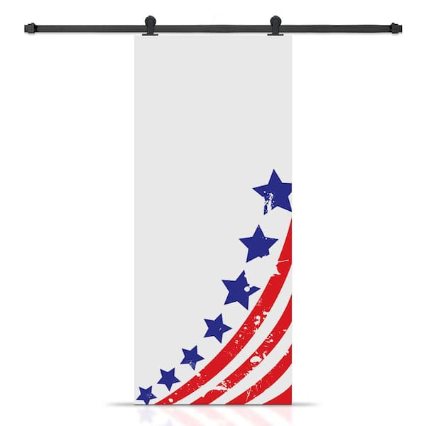 CALHOME 30 in. x 80 in. Artisan Print Series Star and Stripes MDF Modern Interior Sliding Barn Door with Hardware Kit