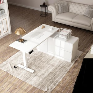 54.3 in. W L-Shaped White Adjustable Height Desk Ergonomic Workstation Home Office with Pop-Up Design Cabinet Drawers