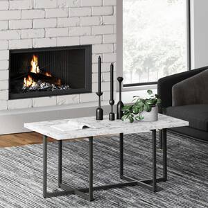 Abby 40 in. White/Black 17 in. Height Rectangle Faux Marble Coffee Table with Metal Legs