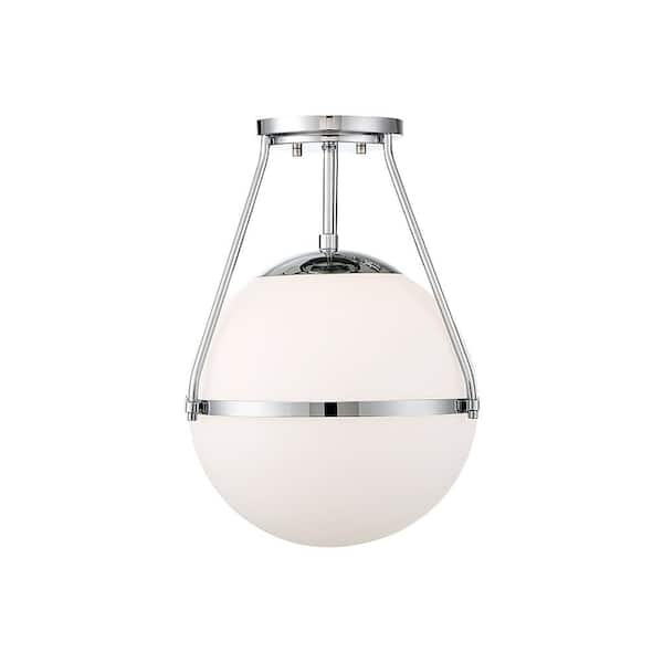 Savoy House 13 in. W x 17.25 in. H 1-Light Chrome Semi-Flush Mount Ceiling Light with Opal Glass Shade