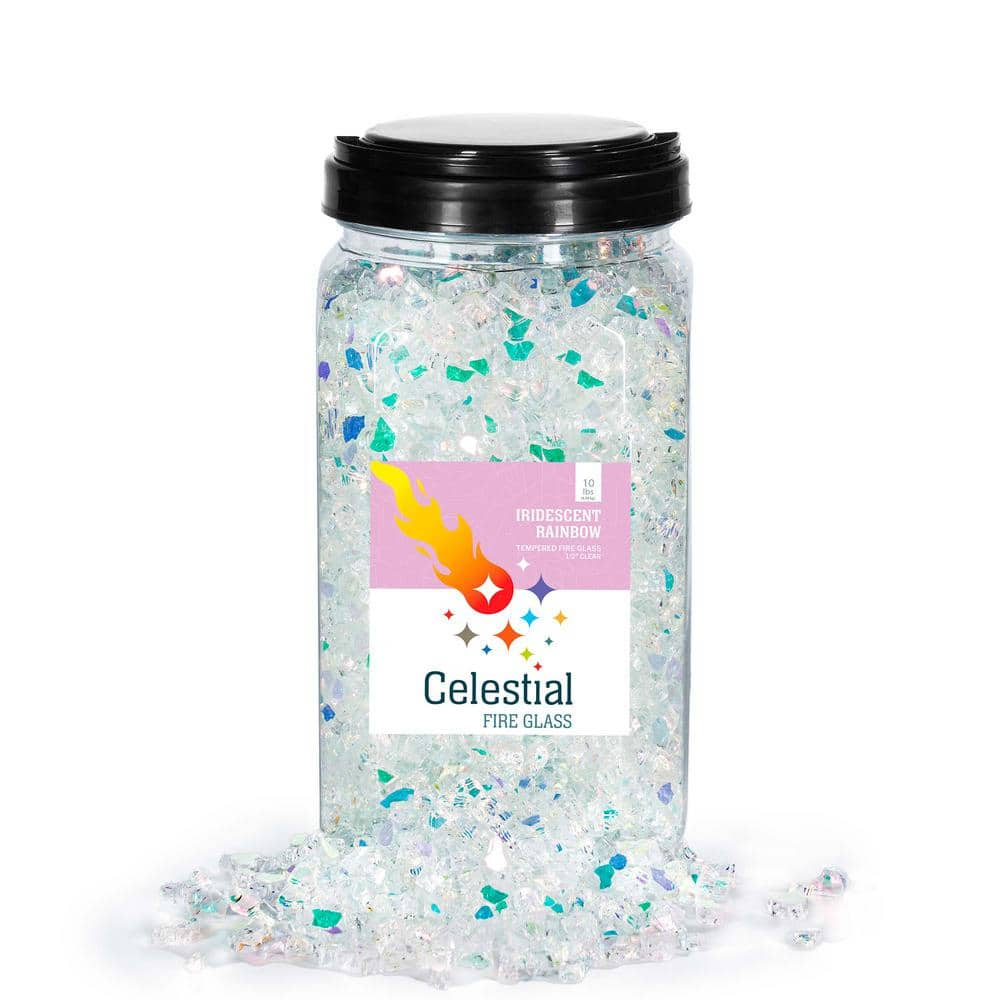 Celestial Fire Glass 14 In 10 Lbs Iridescent Rainbow Tempered Fire Glass In Jar Ts Ir 10 2047