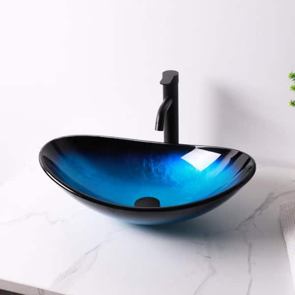 21-1/2 in. Ocean Blue Glass Oval Vessel Bathroom Sink with Black Pop-up Drain