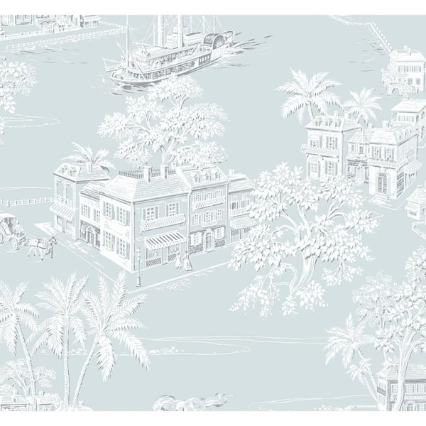 40.5 sq. ft. Blue Mist Coastline Toile Vinyl Peel and Stick Wallpaper Roll