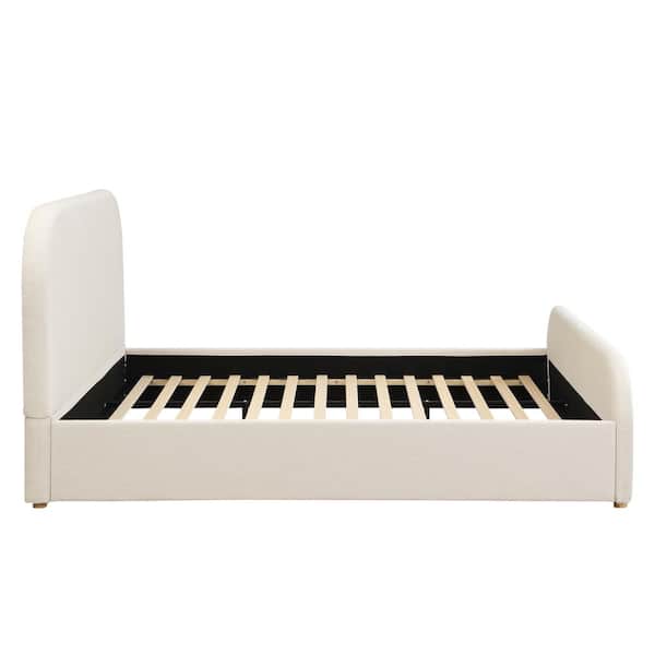 Dresvik Modern Beige Wood Frame King Size Platform Bed with Linen Upholstered Curved Headboard and Footboard
