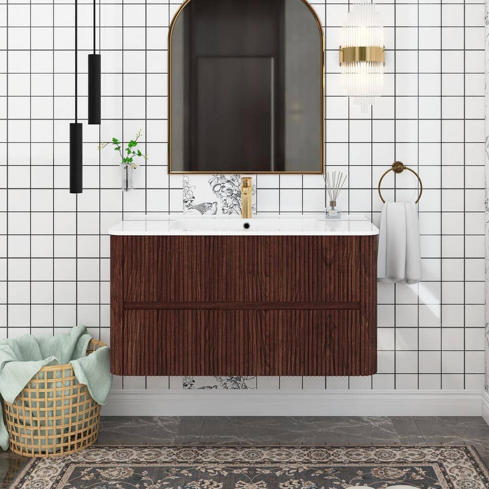 36 in. W Wall-Mounted Bath Vanity in Deep Walnut with White Ceramic Top